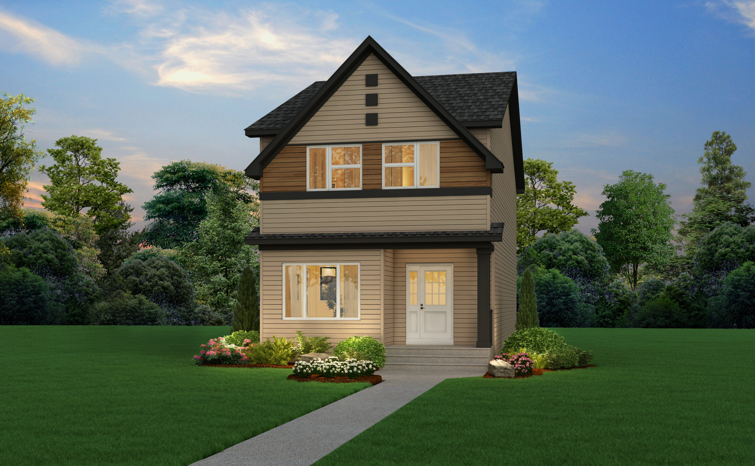 A modern prairie laned home with detached garage features white window trim and multicolored siding, including wood accents