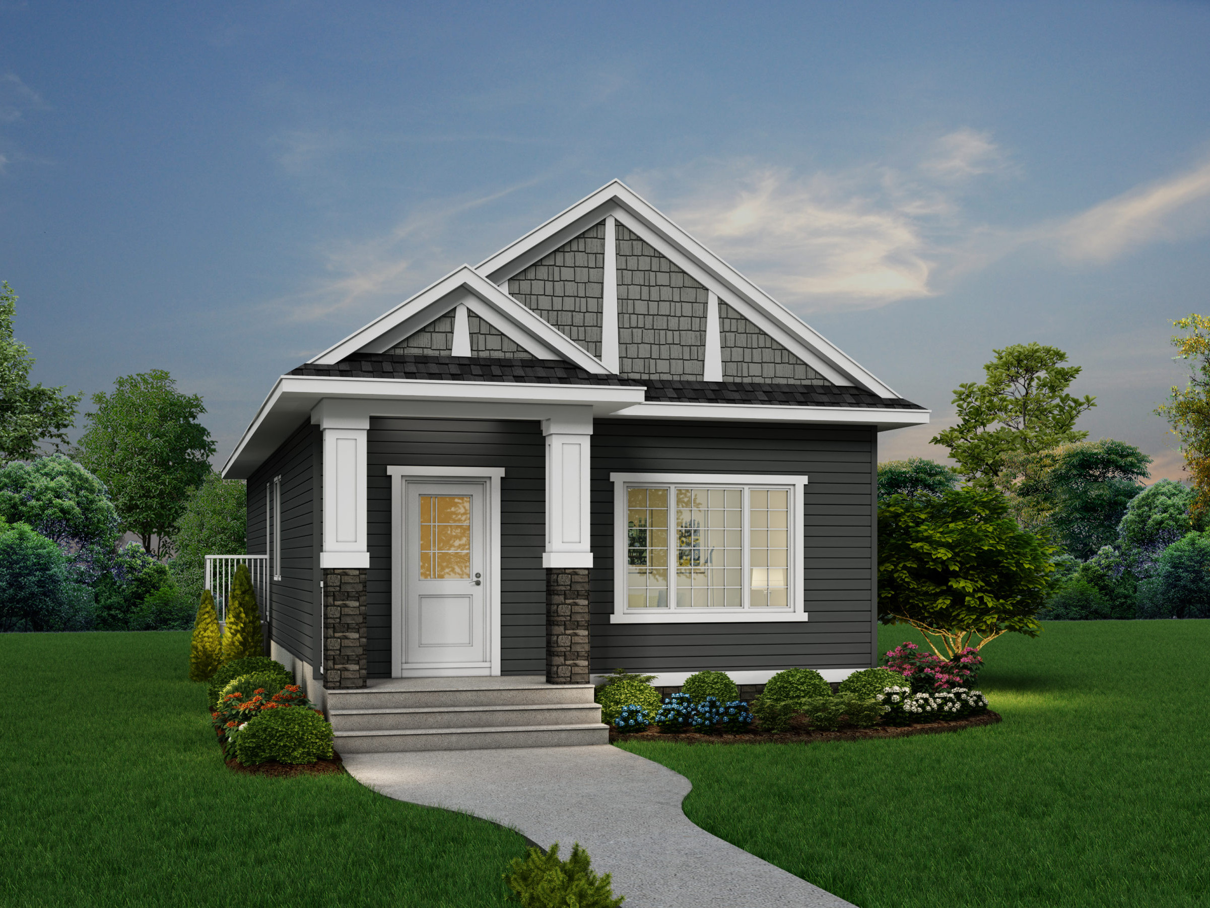 A modern prairie bungalow home with detached garage features white window trim, dark grey siding, including rock accents