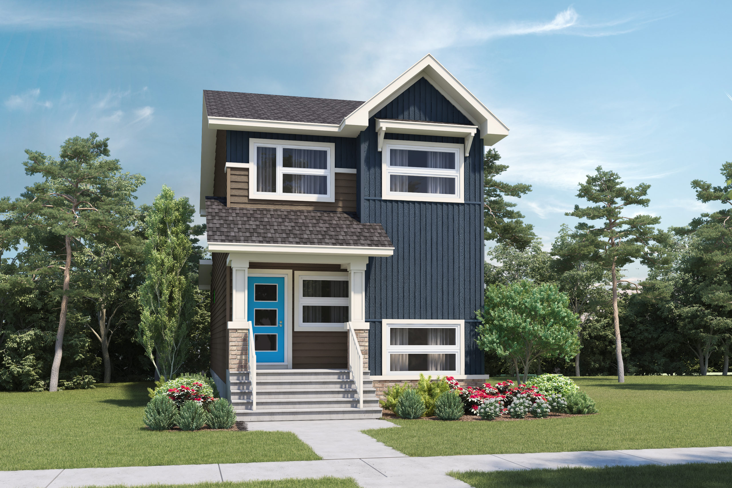 A modern prairie laned home with detached garage features white window trim and multicolored siding, including brick detail