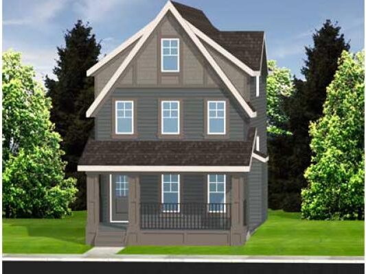 A 3 storey modern farmhouse laned home with detached garage features grey window trim, multicolored siding, including a wide front porch.