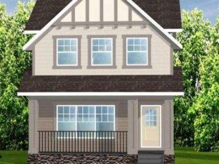 A modern farmhouse laned home with detached garage features grey window trim, multicolor siding and rock detail, including a wide front porch.