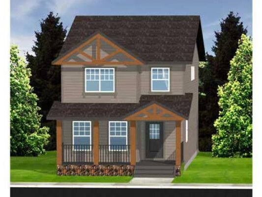 A modern prairie laned home with detached garage features grey window trim, dark grey siding, including wood and rock detail as well as a wide front porch.