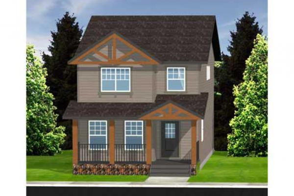 A modern prairie laned home with detached garage features grey window trim, dark grey siding, including wood and rock detail as well as a wide front porch.