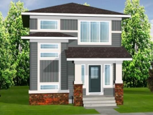 Rendering of a modern prairie laned home with garage in the back and wide front porch. Dark gray siding with white trim and brick accents.