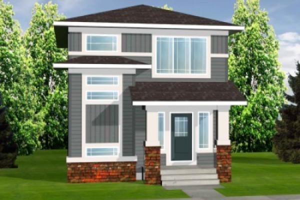 Rendering of a modern prairie laned home with garage in the back and wide front porch. Dark gray siding with white trim and brick accents.